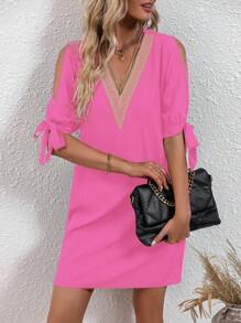 SHEIN Holidaya Contrast Guipure Lace Cold Shoulder Knot Cuff Tunic Dress - Hot Pink - View 1