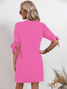 SHEIN Holidaya Contrast Guipure Lace Cold Shoulder Knot Cuff Tunic Dress - Hot Pink - View 2