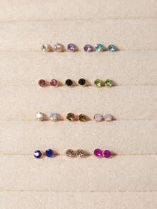 12對/套時尚水鑽圓形耳釘適合女士日常裝飾 - 彩色 - 查看 2