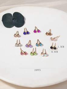 12對/套時尚水鑽圓形耳釘適合女士日常裝飾 - 彩色 - 查看 3