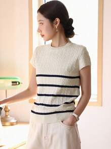 DAZY Striped Pattern Cable Knit Top,Back To School Clothes - Apricot - View 1