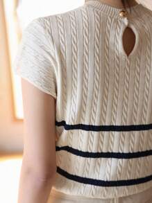 DAZY Striped Pattern Cable Knit Top,Back To School Clothes - Apricot - View 2