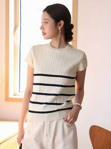 DAZY Striped Pattern Cable Knit Top,Back To School Clothes - Apricot - View 3