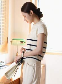 DAZY Striped Pattern Cable Knit Top,Back To School Clothes - Apricot - View 4