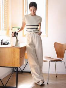 DAZY Striped Pattern Cable Knit Top,Back To School Clothes - Apricot - View 5