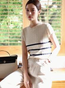 DAZY Striped Pattern Cable Knit Top,Back To School Clothes - Apricot - View 6