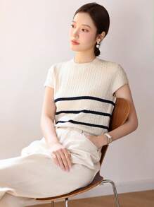 DAZY Striped Pattern Cable Knit Top,Back To School Clothes - Apricot - View 7