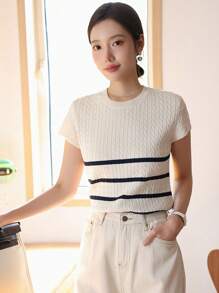 DAZY Striped Pattern Cable Knit Top,Back To School Clothes - Apricot - View 8