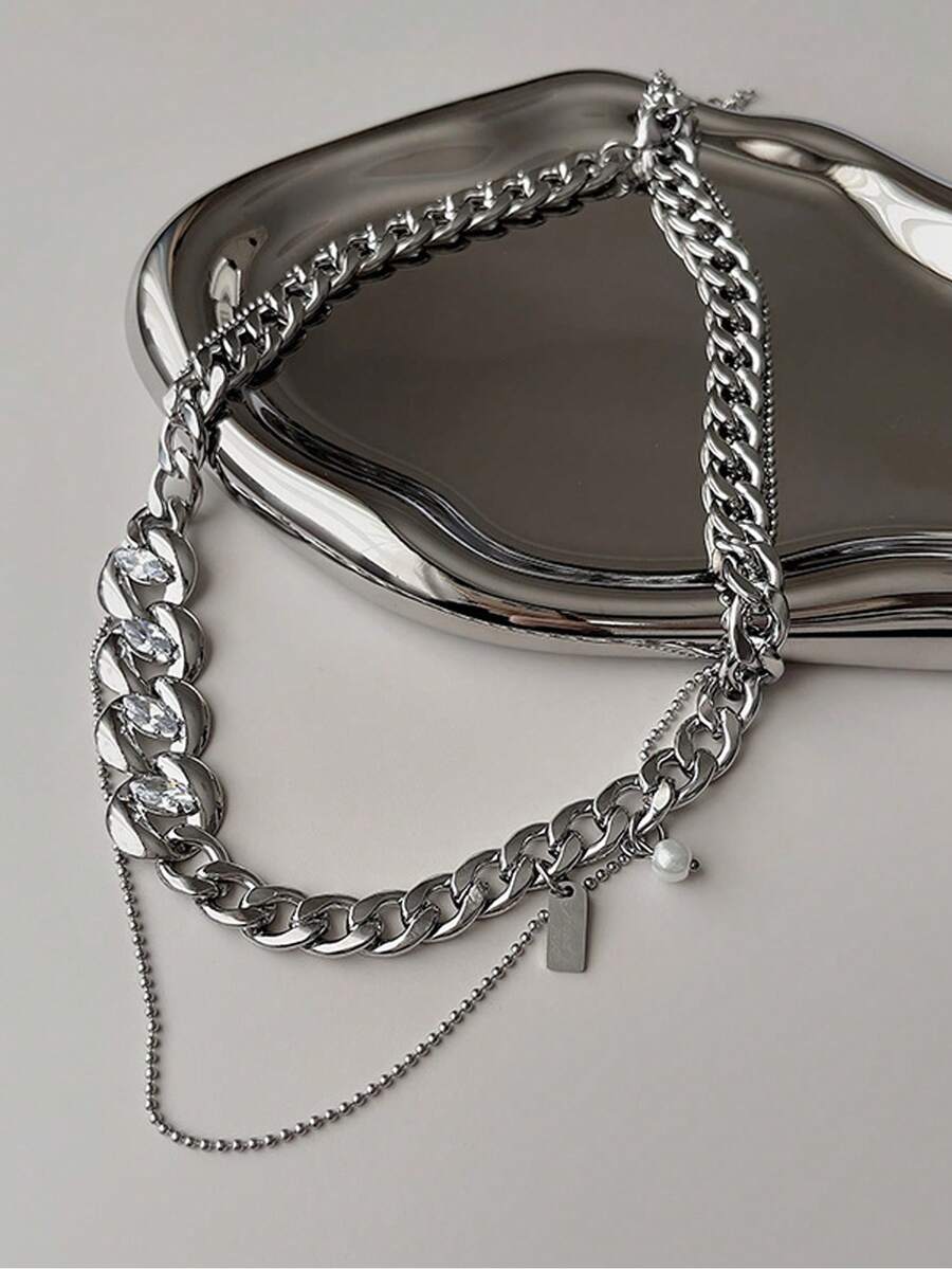 1条时尚金属链条多层项链，适合男士日常、约会、派对佩戴 - 銀色 - 查看 1