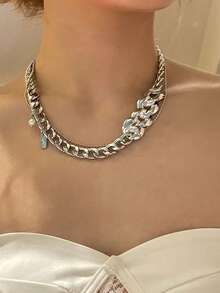 1条时尚金属链条多层项链，适合男士日常、约会、派对佩戴 - 銀色 - 查看 3
