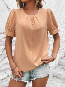 SHEIN Privé Solid Puff Sleeve Button Detail Blouse - Khaki - View 4