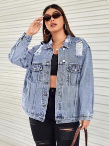 SHEIN EZwear Cazadora mezclilla desgarro con bolsillo con solapa - Lavado ligero - Ver 1