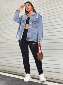 SHEIN EZwear Cazadora mezclilla desgarro con bolsillo con solapa - Lavado ligero - Ver 3