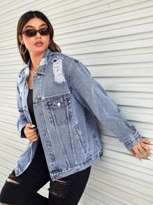 SHEIN EZwear Cazadora mezclilla desgarro con bolsillo con solapa - Lavado ligero - Ver 4