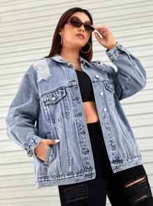 SHEIN EZwear Cazadora mezclilla desgarro con bolsillo con solapa - Lavado ligero - Ver 5