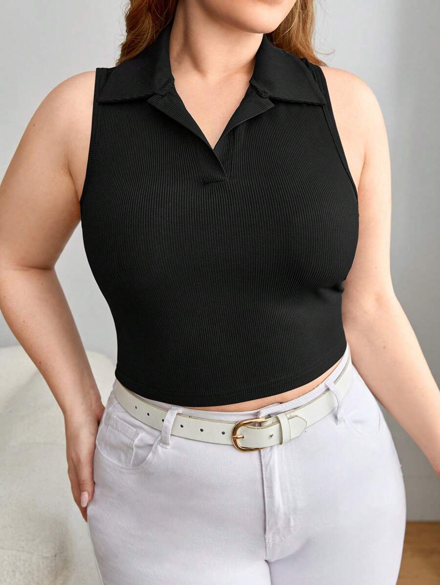 SHEIN Essnce 大碼素色條紋針織背心上衣 - 黑色 - 查看 1