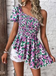 SHEIN VCAY Áo sơ mi nữ Bất đối xứng Dải chun Hoa Tất cả trên in Boho - Màu tím - Xem 1