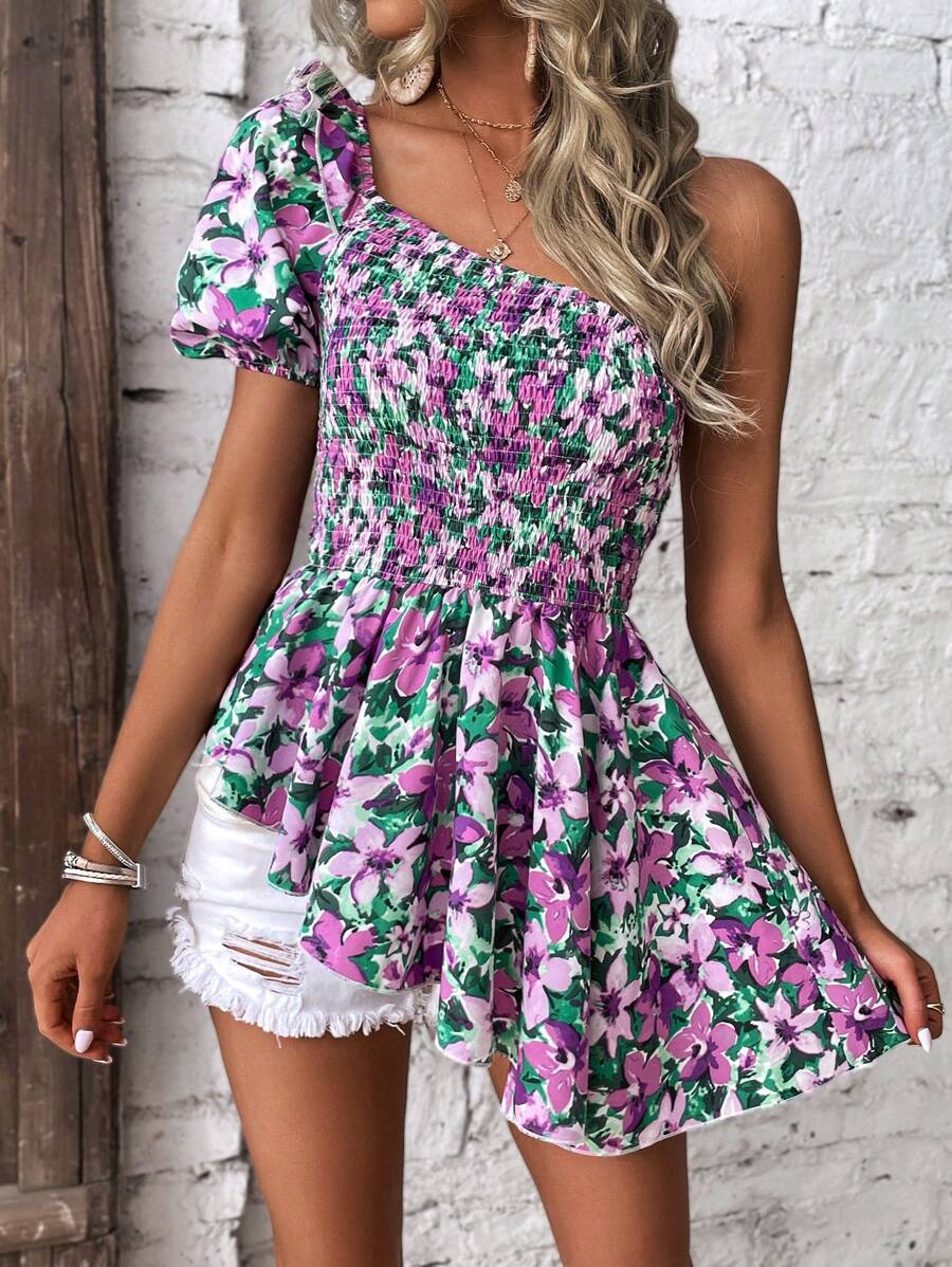 SHEIN VCAY Áo sơ mi nữ Bất đối xứng Dải chun Hoa Tất cả trên in Boho - Màu tím - Xem 1