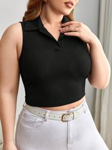 SHEIN Essnce 大碼素色條紋針織背心上衣 - 黑色 - 查看 3