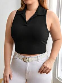 SHEIN Essnce 大碼素色條紋針織背心上衣 - 黑色 - 查看 4