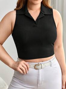 SHEIN Essnce 大碼素色條紋針織背心上衣 - 黑色 - 查看 5