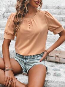 SHEIN Privé Solid Puff Sleeve Button Detail Blouse - Khaki - View 6