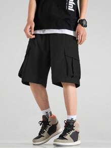 Chillumni Loose Fit Men's Shorts With Flap Pockets On Both Sides - Black - View 3