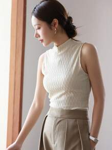 DAZY Chất rắn Cổ giả Áo ba lỗ - Màu be - Xem 7