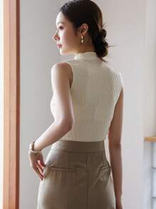 DAZY Chất rắn Cổ giả Áo ba lỗ - Màu be - Xem 2