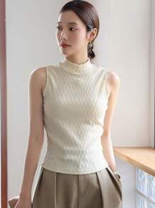 DAZY Chất rắn Cổ giả Áo ba lỗ - Màu be - Xem 3