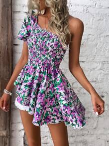 SHEIN VCAY Áo sơ mi nữ Bất đối xứng Dải chun Hoa Tất cả trên in Boho - Màu tím - Xem 5