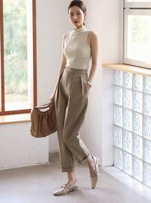 DAZY Chất rắn Cổ giả Áo ba lỗ - Màu be - Xem 4