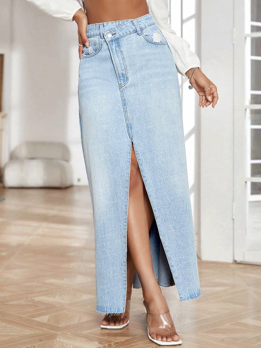 SHEIN Essnce 高腰高衩牛仔半身裙 - 淺色水洗藍 - 查看 1