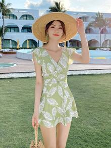 Tropical Print Surplice Neckline Ruffle Trim One Piece Swimsuit - Green - View 4