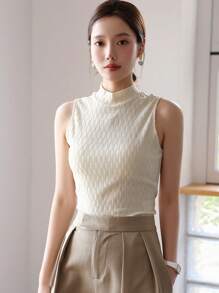 DAZY Chất rắn Cổ giả Áo ba lỗ - Màu be - Xem 5