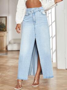 SHEIN Essnce 高腰高衩牛仔半身裙 - 淺色水洗藍 - 查看 2