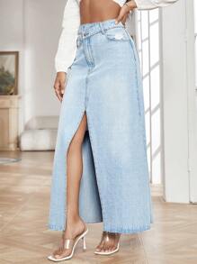 SHEIN Essnce 高腰高衩牛仔半身裙 - 淺色水洗藍 - 查看 3