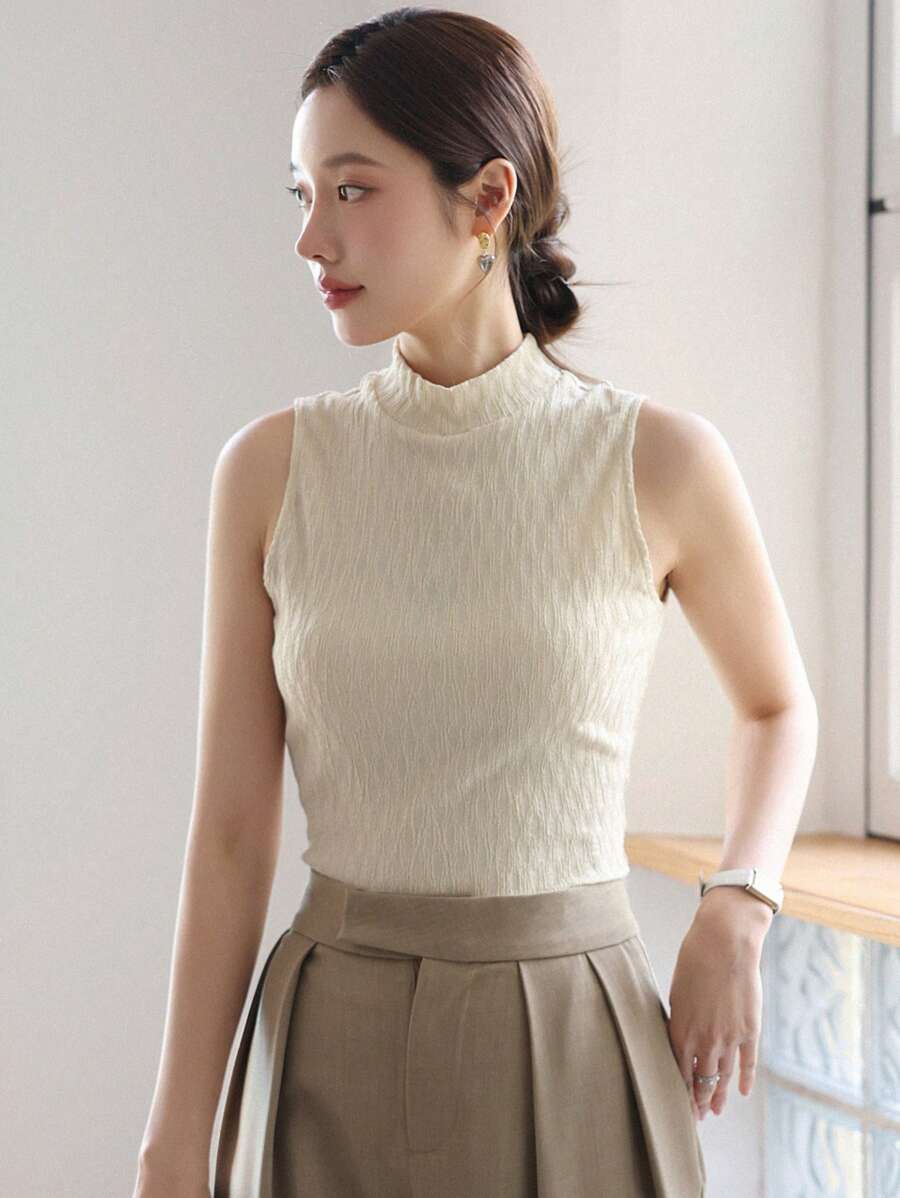 DAZY Chất rắn Cổ giả Áo ba lỗ - Màu be - Xem 1