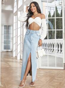 SHEIN Essnce 高腰高衩牛仔半身裙 - 淺色水洗藍 - 查看 4