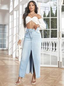 SHEIN Essnce 高腰高衩牛仔半身裙 - 淺色水洗藍 - 查看 5