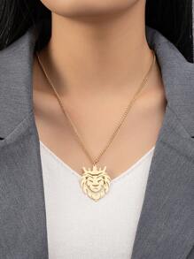 獅子頭吊墜項鏈 - 金黃色 - 查看 1