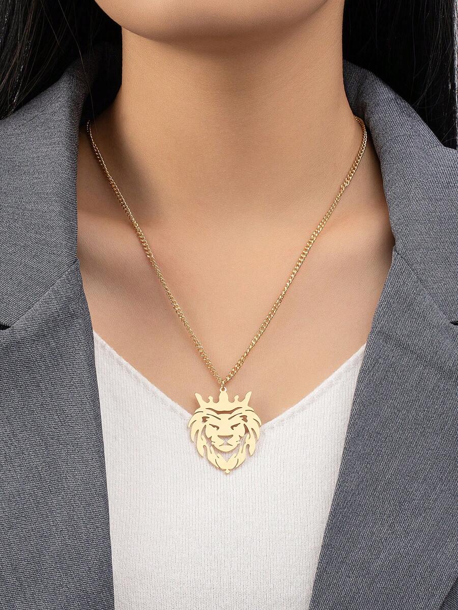 獅子頭吊墜項鏈 - 金黃色 - 查看 1