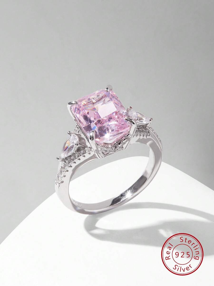 1 件时尚奢华优雅 925 银方晶锆石女士戒指，适合日常、派对、约会和节日礼物 - 銀色 - 查看 1