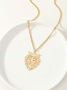 獅子頭吊墜項鏈 - 金黃色 - 查看 2