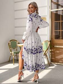 Simplee 印花荷葉邊蕾絲拼接襯衫洋裝不附腰帶 - 白色 - 查看 2