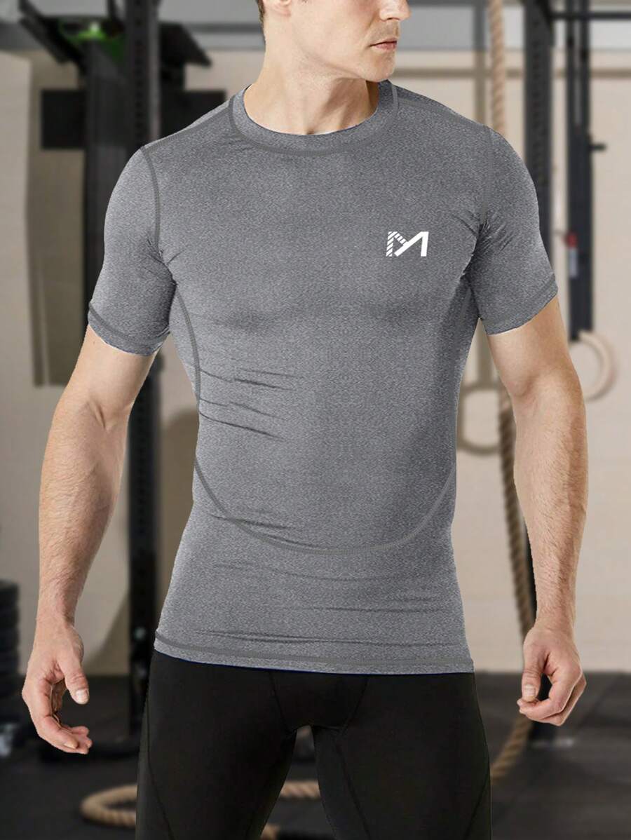 男士字母圖案運動 T 卹 男士健身服 - 灰色 - 查看 1