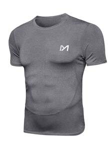 男士字母圖案運動 T 卹 男士健身服 - 灰色 - 查看 3