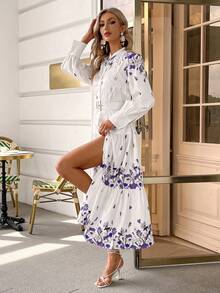 Simplee 印花荷葉邊蕾絲拼接襯衫洋裝不附腰帶 - 白色 - 查看 4