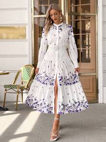 Simplee 印花荷葉邊蕾絲拼接襯衫洋裝不附腰帶 - 白色 - 查看 5