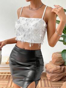 Allurite 流蘇邊吊帶短上衣 - 銀色 - 查看 4